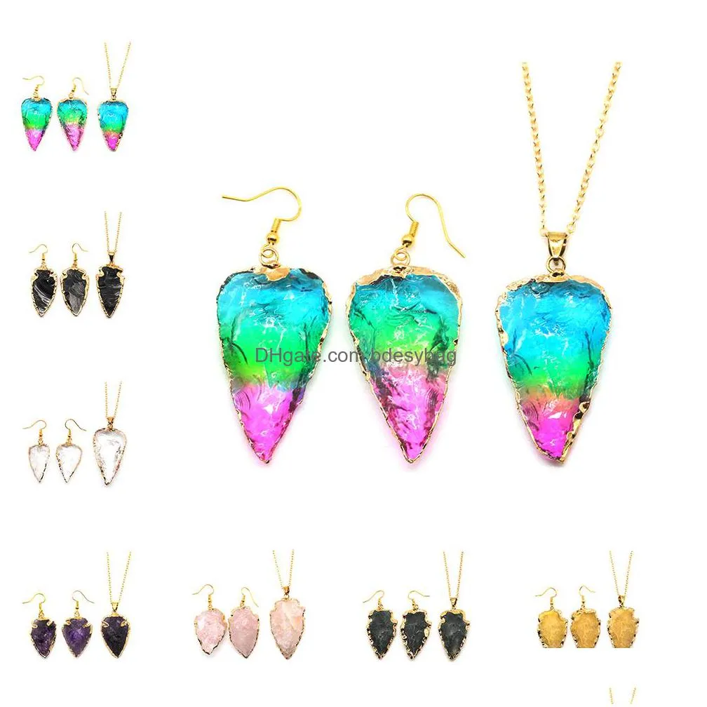 rainbow crystal jewelry set healing druzy stone pendant necklace with silver plated chain and drop earrings for women