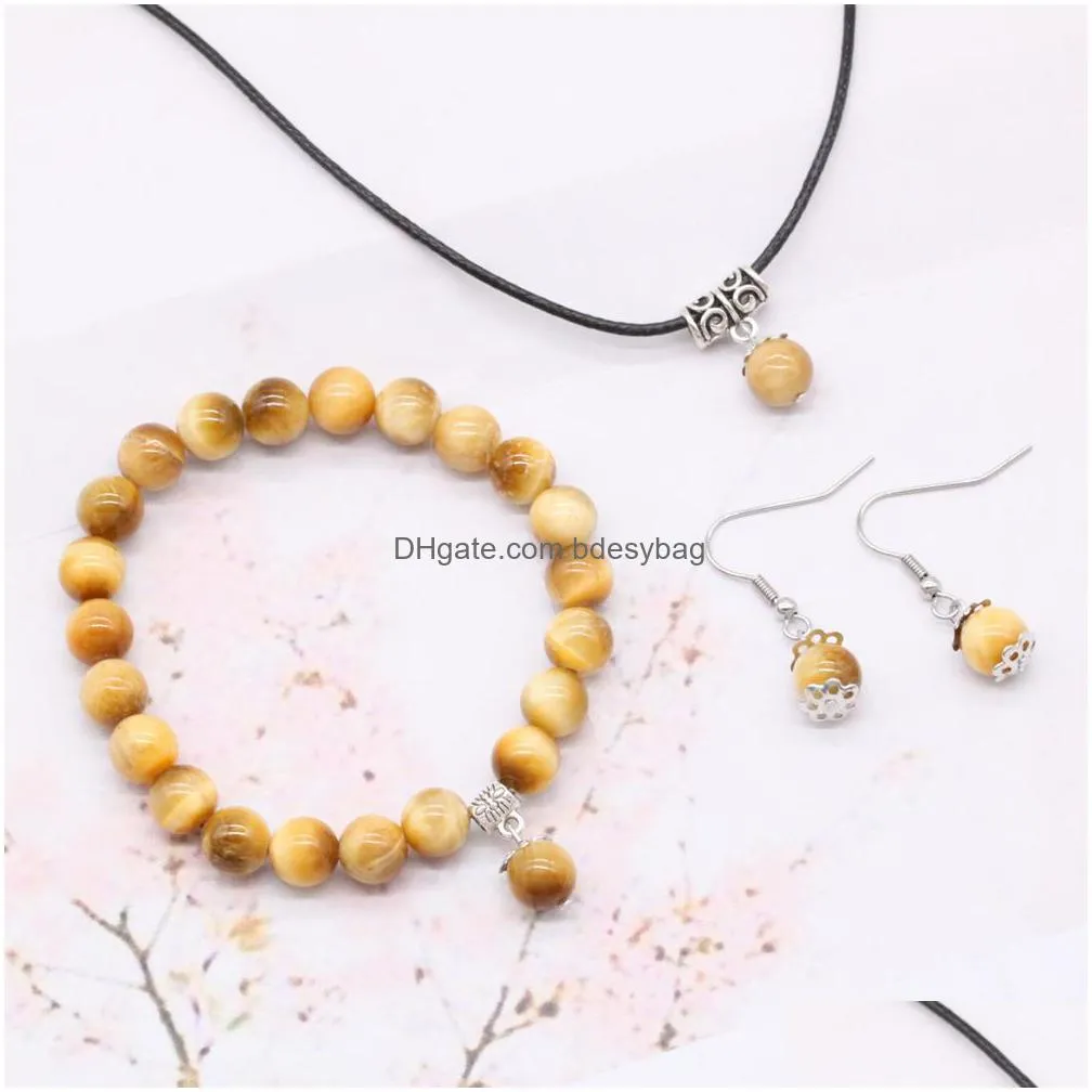 tiger eye gemstone pendant necklace earring sets crystal round 8mm stone with silver plated chain necklaces for women gift