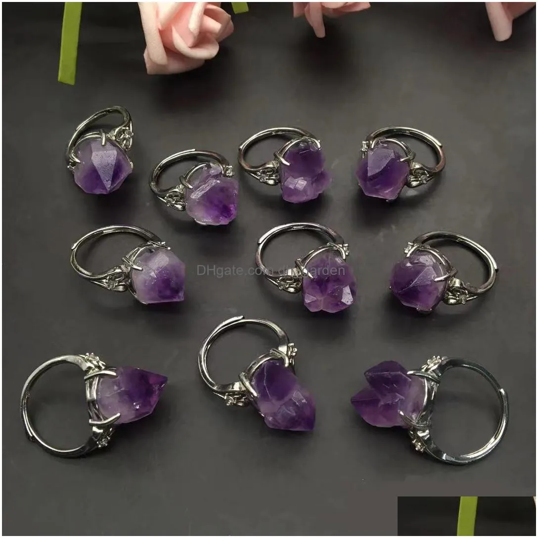 natural vintage amethyst cluster ring crystal rough stone flower adjustable energy silver jewelry sets accessorl gift punk