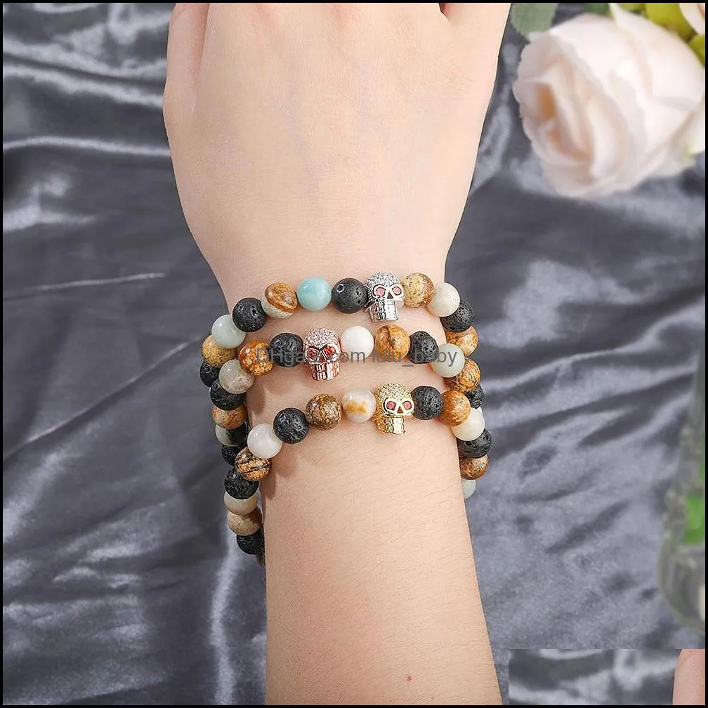 trendy black lava stone bead bracelets pave cz skull charm bracelet for men women yoga jewelry gift
