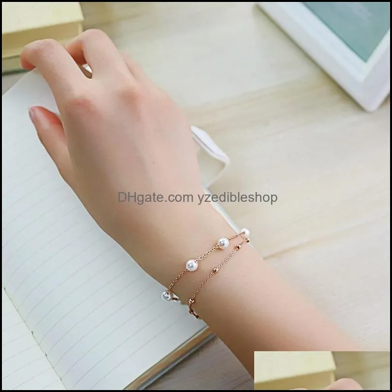 double layer pearl bracelet simple and sweet rose gold plated titanium no fading link chain 3382 q2