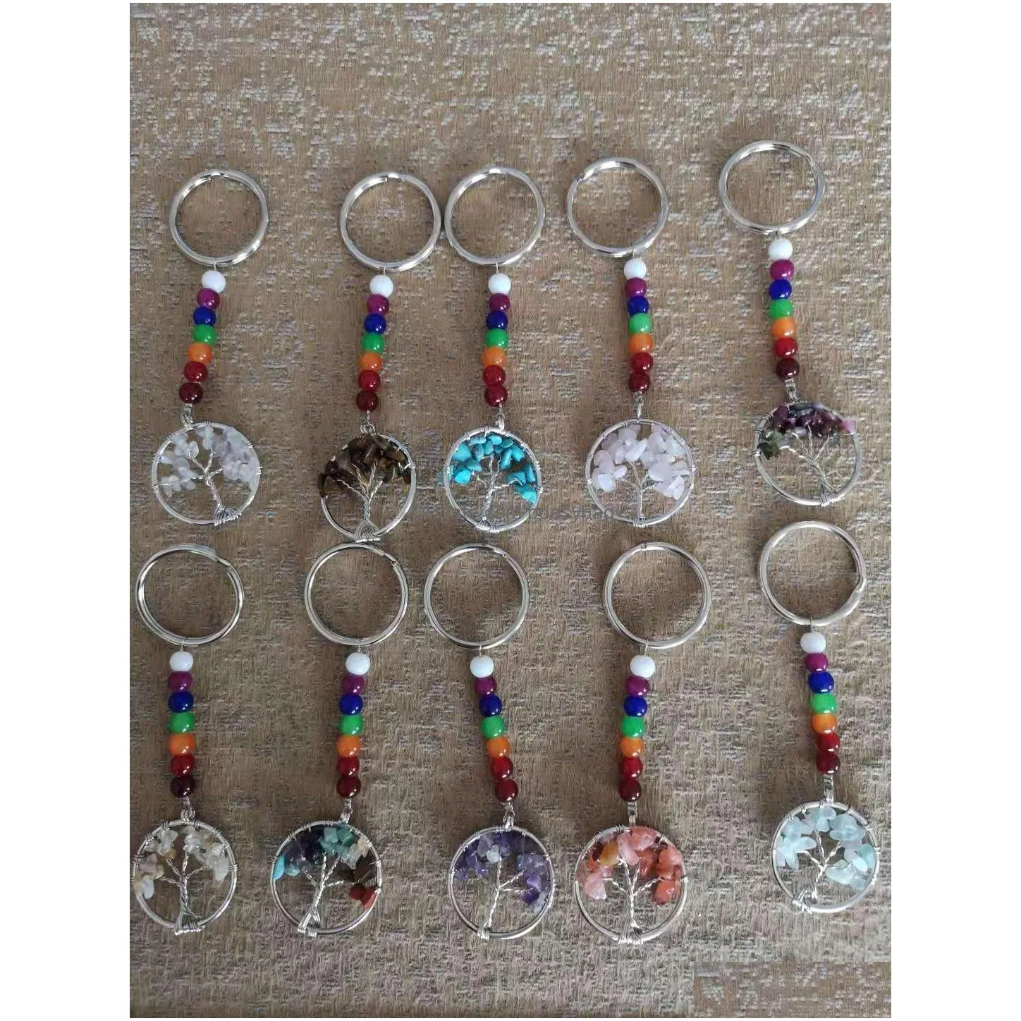 10pcs life tree chakra gemstone keychain silver plated key ring with natural stone quartz crystal tiger eye healing crystal beads