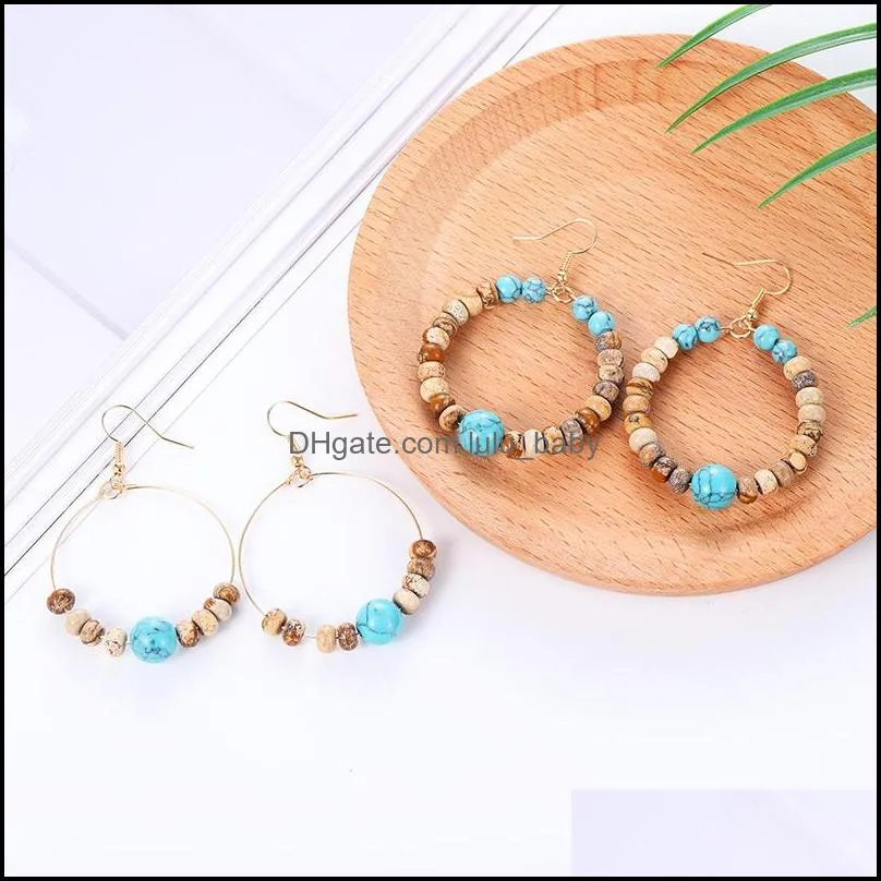 natural stone beads round wrapped hoop earrings for women fashion gold color circle creole earring boho ear jewelry gifts