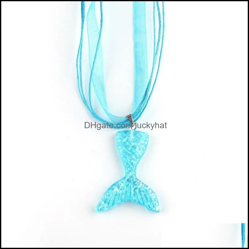 fashion mermaid fish tail necklace beauty gardient color resin fish tail pendant ribbon wax rope necklace for girls women gifts