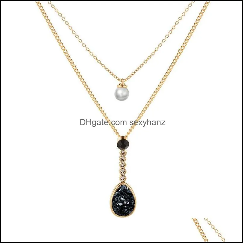 2019 fashion bohemian drusy pendant necklace double layered crystal pearl necklace party gift for womens jewelry