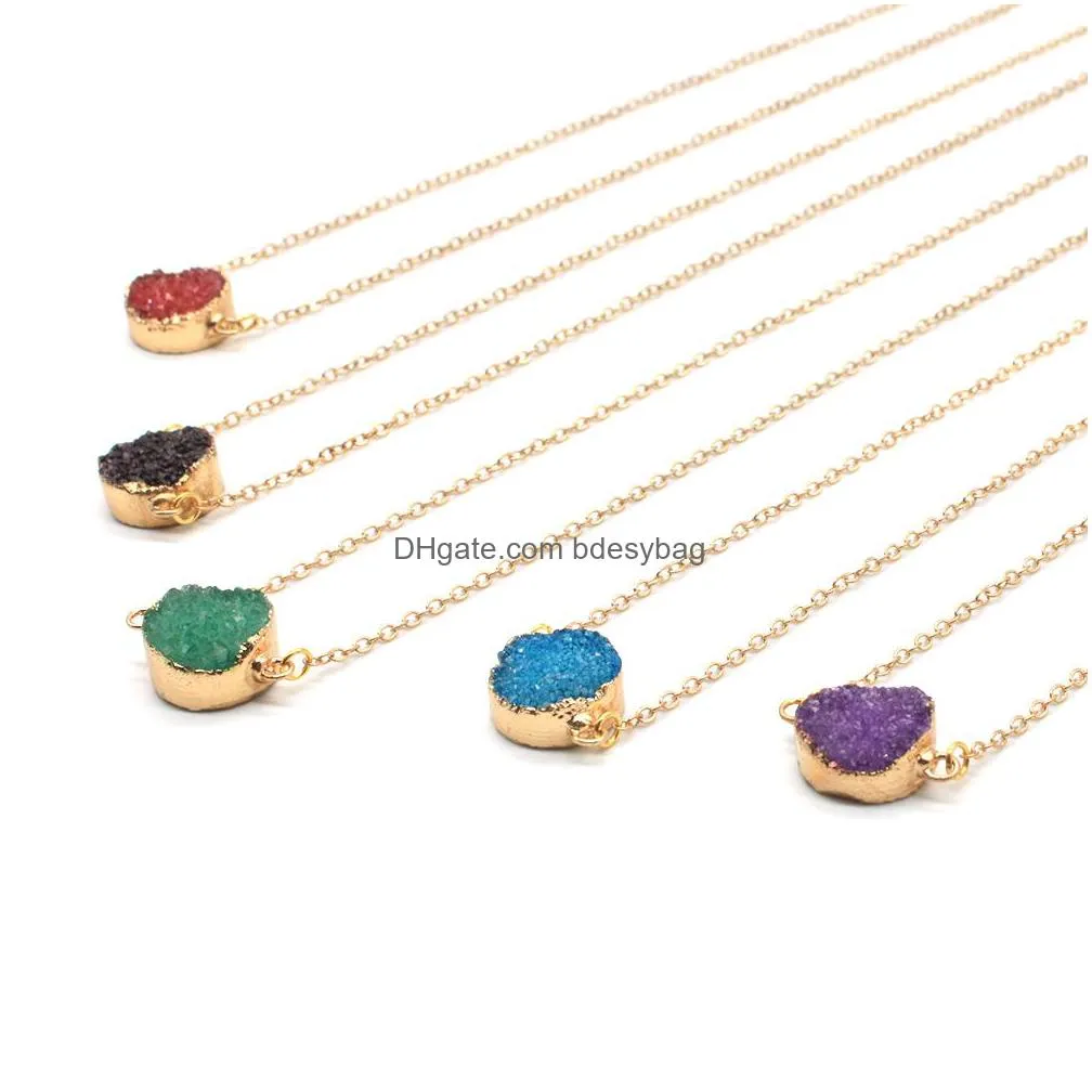 round and heart shape druzy stone pendant with gold plated chain 18 inch necklace women jewelry gifts