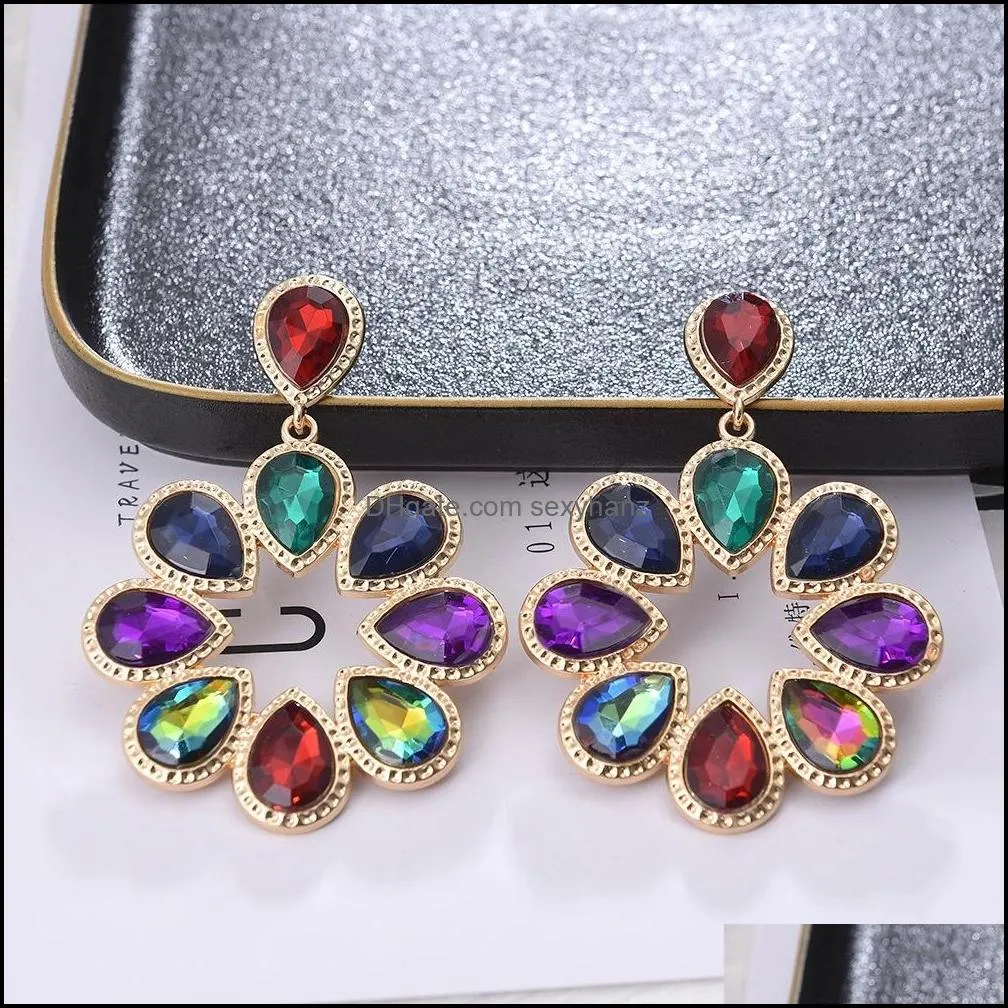 exaggerated big hoop earrings colorful gold plated crystal teardrop flower earring jewelry for women