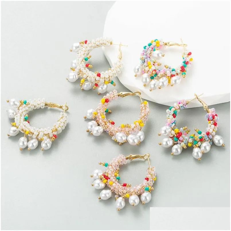 bohemian fashion geometric rice beads hoop earrings faux pearl colorful beaded earrings