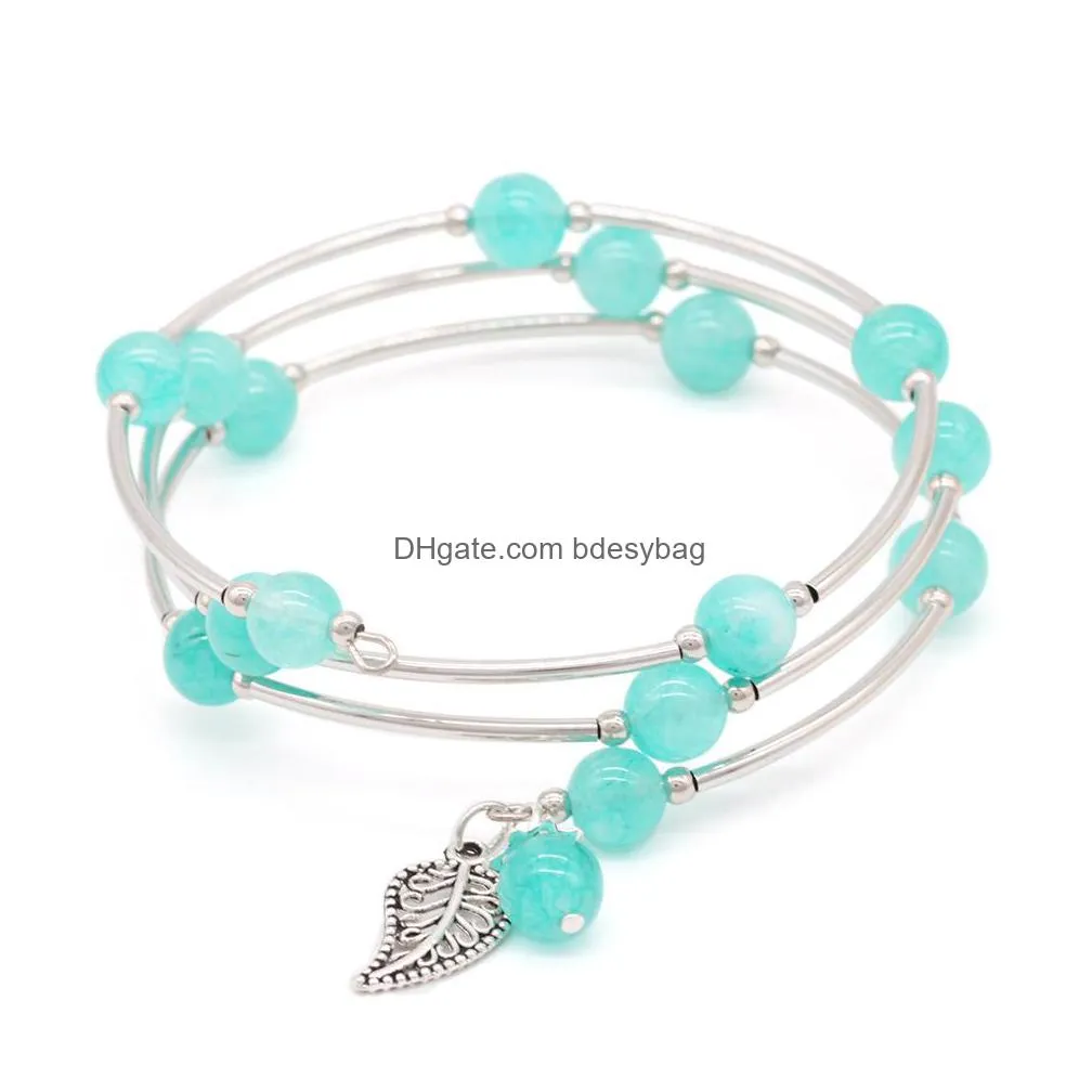 natural gemstone wrap bracelet quartz healing beads strand bangle with silver plated leaf charm love wish stone bracelets for women