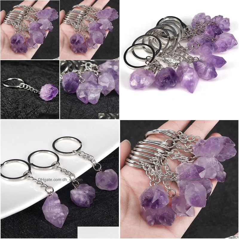 natural stone key rings handbag purse holder irregular amethyst crystal quartz stones keychains dangle car clasps chains keyrings