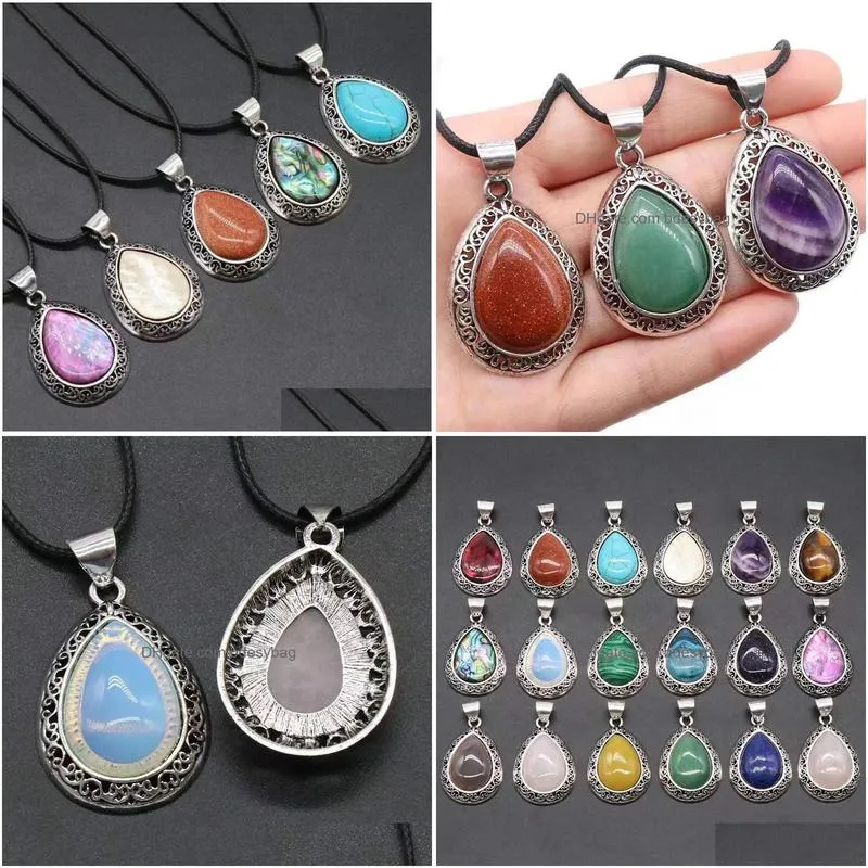 5pcs teardrop gemstone pendant necklace natural stone quartz women jewelry gifts black leather chain 18 inch