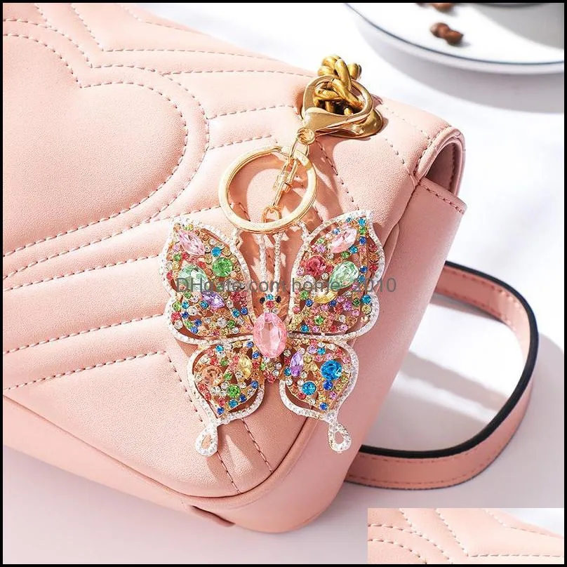 butterfly keychain leather tassel holders metal crystal key chains keyring charm bag car pendant gift