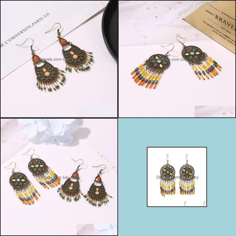 ethnic style jewelry color carved multilayer rice bead tassel earrings female retro court hollow pattern earrings