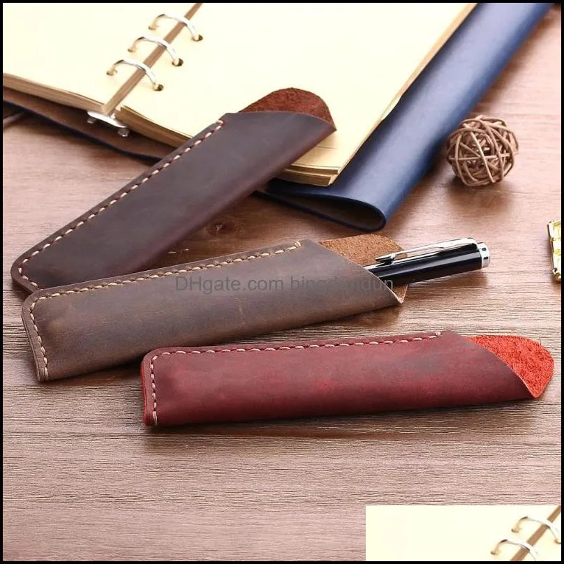 1pc genuine leather pen holder vintage fountain ballpoint pen bag portable double pencil case cute pencil pouch office bag1