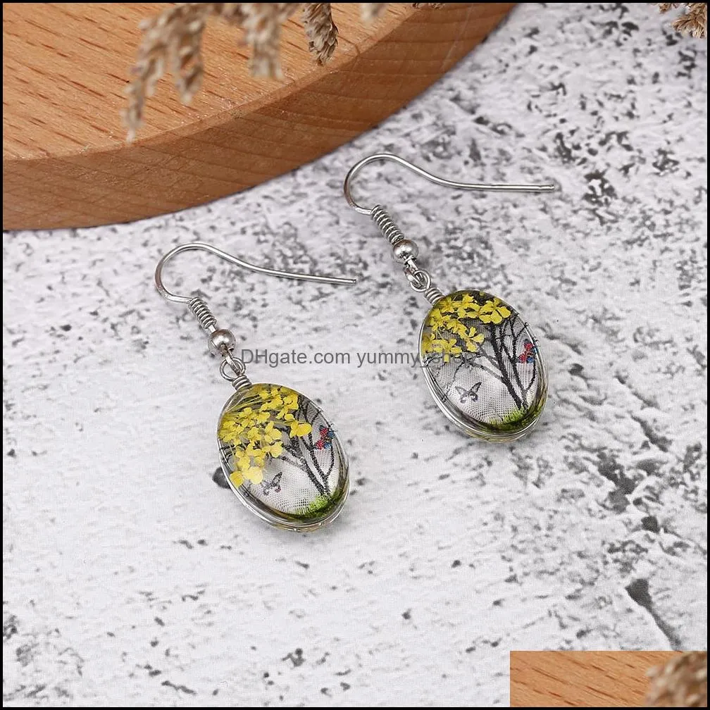 design creative dried flowers dangle earrings handmade romantic colorful glass oval tree of life drop earring for elegant women girls