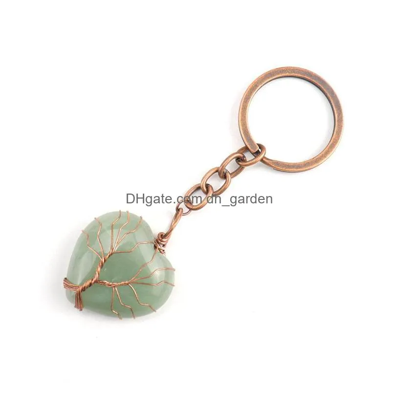 retro handmade tree of life key rings heart natural stone healing crystal quartz keychain keys chain key ring