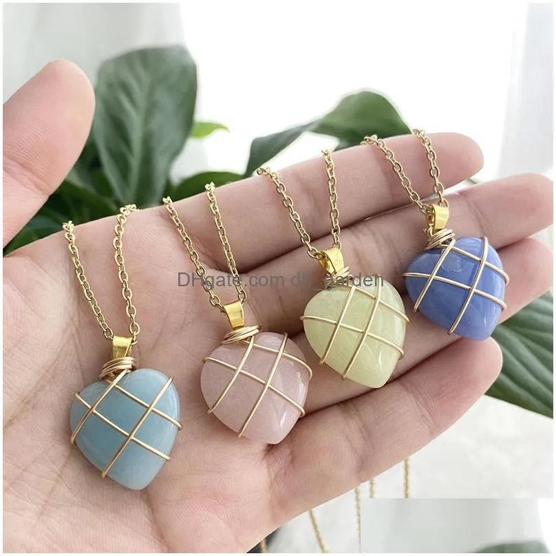 gold color wire wrap love heart shape pendant natural stone mixed necklace jewelry accessories making wholesale