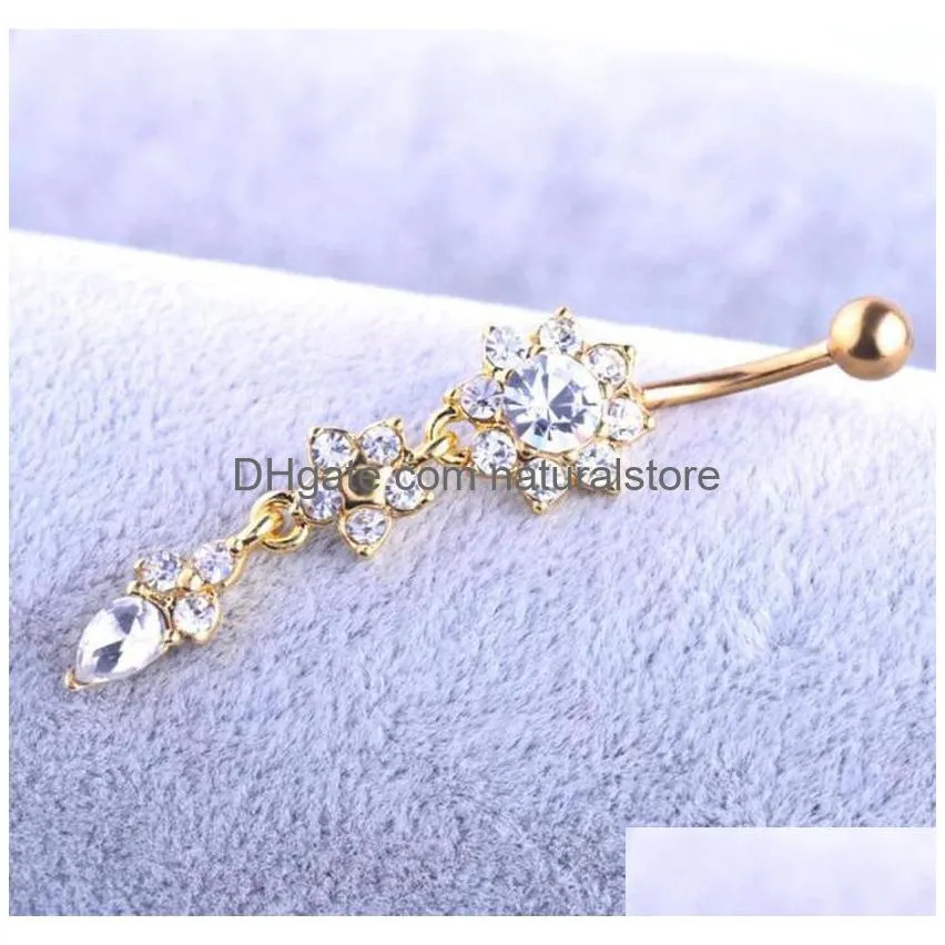 new indian dangle belly bars button rings gold piercing crystal flower body jewelry navel gd333 l bell
