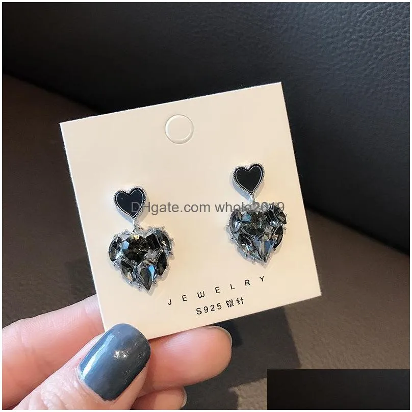 fashion jewelry black heart diamond rhinestone dangle earrings s925 silver post women elegant hearts earrings