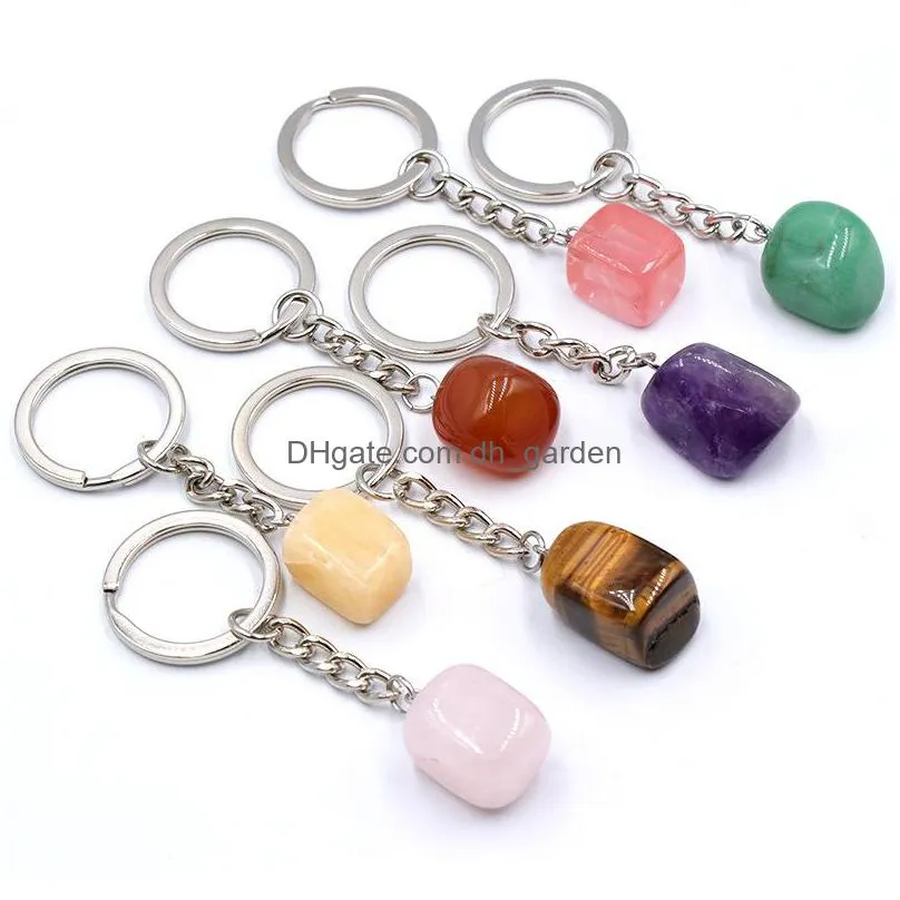 irregular cubic natural crytal stone keychains key rings silver color healing crystals car decor keyrings keyholder for women men gift