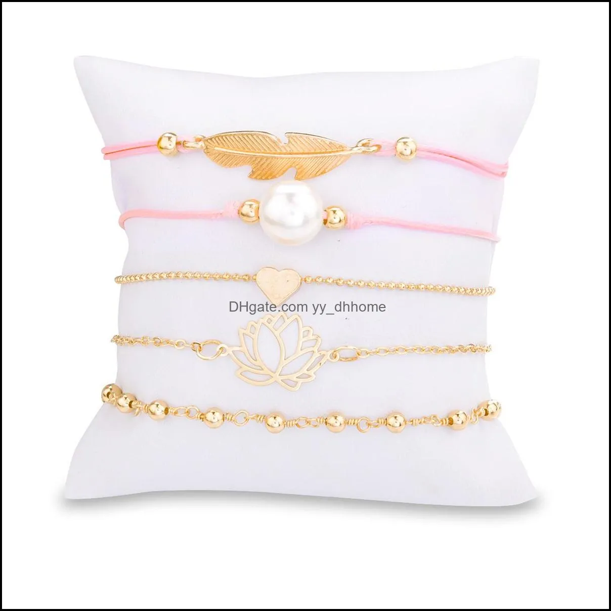 bohemian leaves heart love lotus pearl bracelet chain woven multilayer bracelet set women fashion gold jewelry