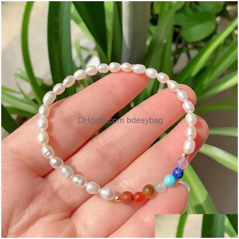 5pcs freshwater white pearl beaded strand bracelet with chakra gemstones jewelry adjustable bracelets charms womens gift love wish