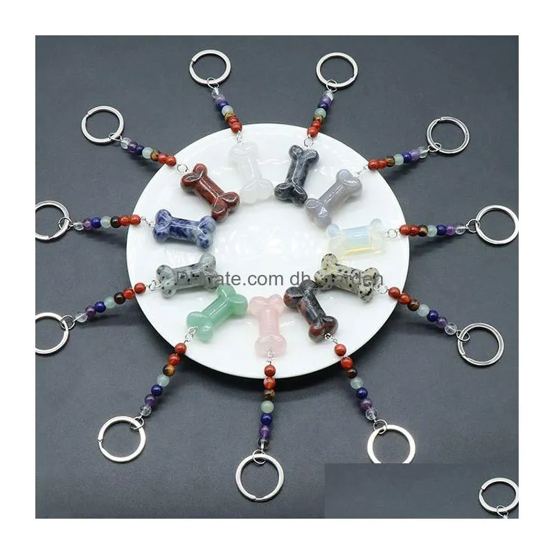 colorful carving engraved bone key rings 7 colors chakra beads chains stone charms keychains healing crystal keyrings for women men