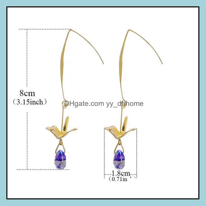 2019 korean fashion summer crystal earrings with gold crane long dangle earrings personality little bird blue water drop earring