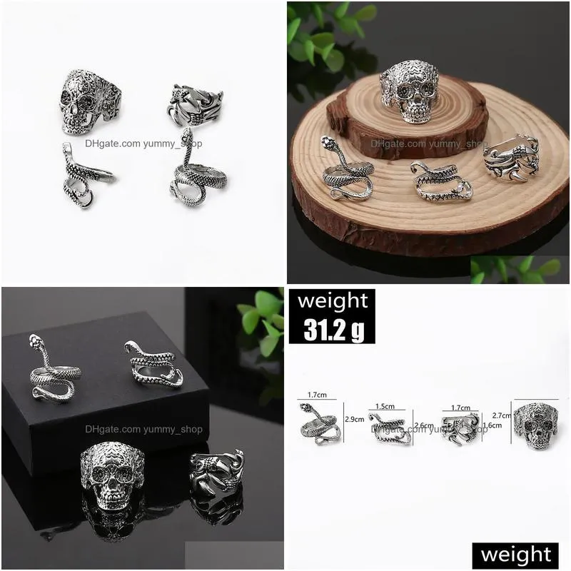 fashion jewelry knuckle ring set retro silver skeleton octopus snake punk stacking rings midi rings sets 4pcs/set