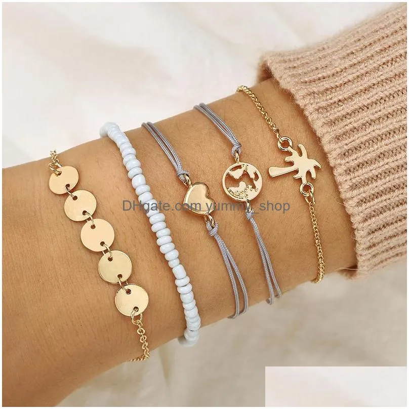 fashion jewelry heart multilayer bracelet gold world map coconut tree coin bracelet world map bracelets 5pcs/set