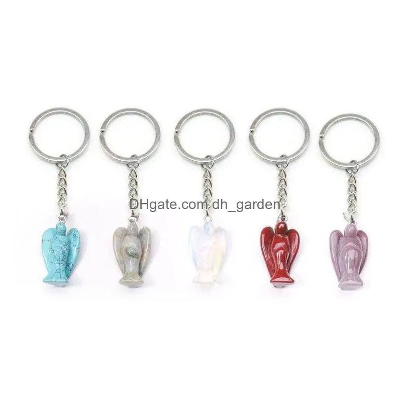 natural stone angel key rings silver color healing pink crystal car decor keyholder keychains for women men