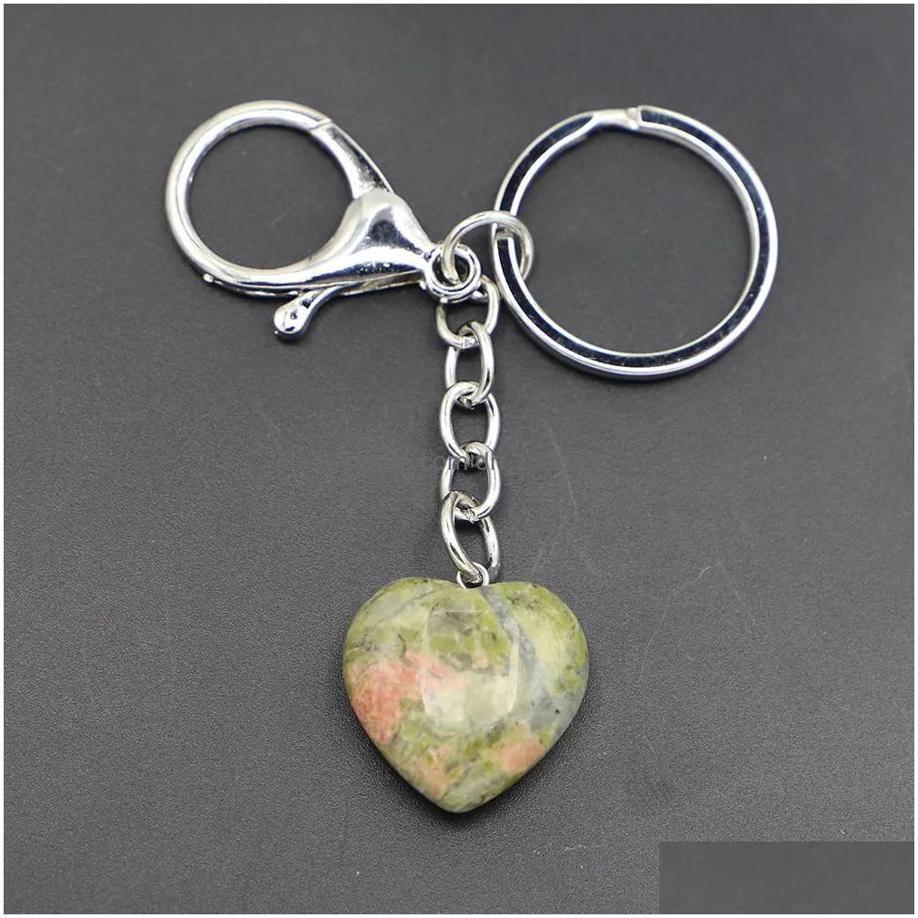 natural crystal stone keychains heart shaped key rings rose pink tiger eye charms key chains quartz gifts men women presents jewelry