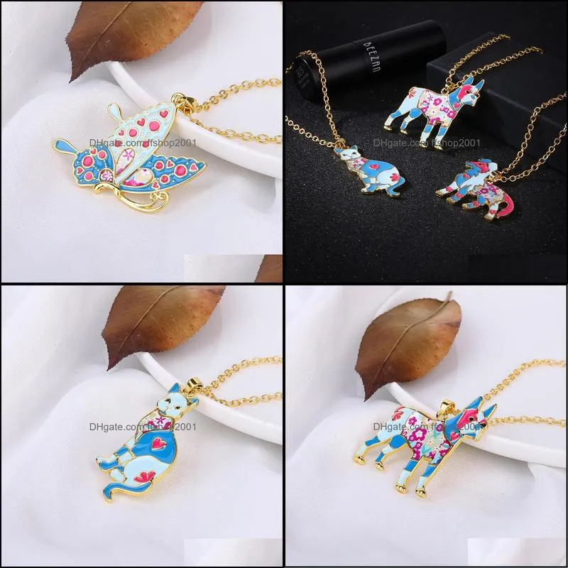 colorful butterfly necklace enamel dog cat animal pendants necklaces for women girl child jewelry gift long chain necklace