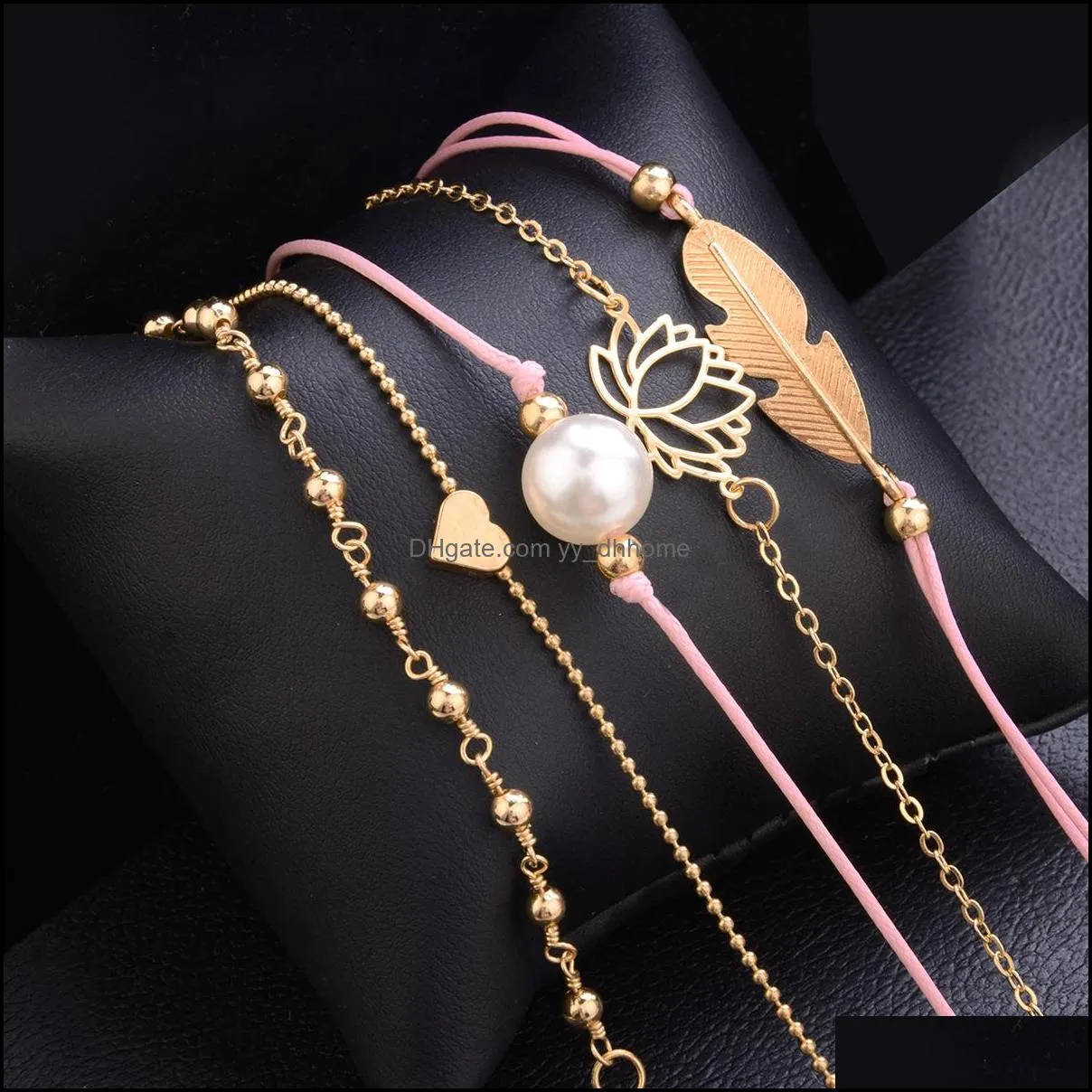 bohemian leaves heart love lotus pearl bracelet chain woven multilayer bracelet set women fashion gold jewelry