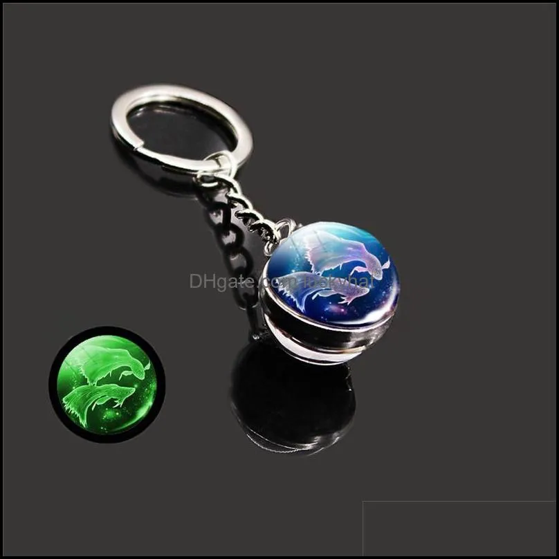 glow in the dark 12 constellation key rings zodiac signs picture double side cabochon glass ball keychain jewelry birthday gifts