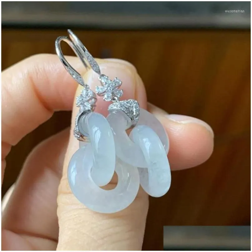 dangle earrings natural hetian white jade round interlocking for women classic light luxury chinese style wedding silver jewelry gift