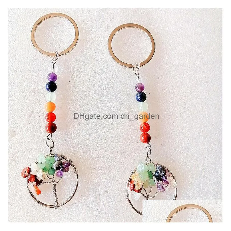 tree of life reiki healing keyrings natural stone keychains chakra amethyst pink rose crystal key rings women men jewelry