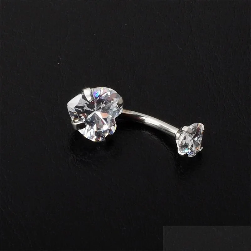 316l surgical steel 14g belly button rings clear diamond zircon cz navel rings belly jewelry love heart white rose gold 867 r2