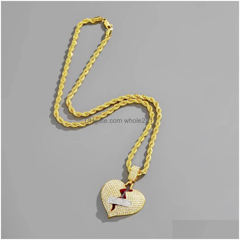 fashion jewelry full diamond heart necklace for man woman broken hearts pendant necklaces