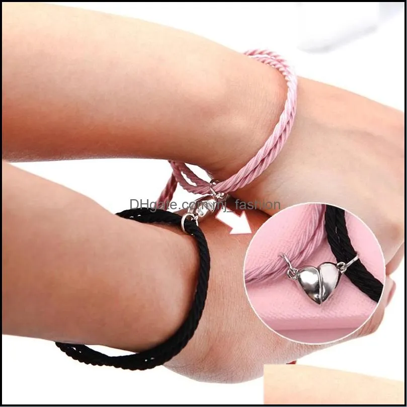 2pcs couple minimalist heart friendship bracelet hair rope braided magnetic distance bracelets lovers matching