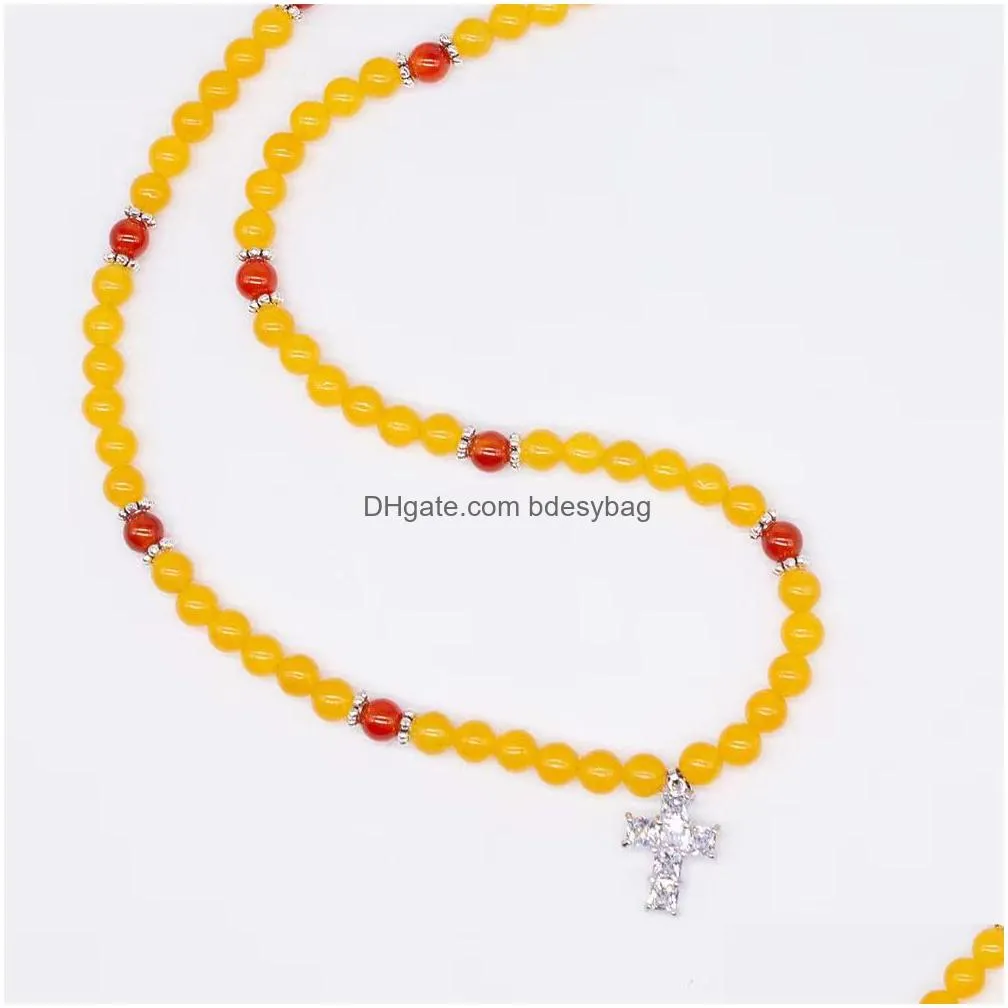 natural round gemstone necklace 6mm beaded with angel heart cross cat charm pendant for women jewelry love wish party gift