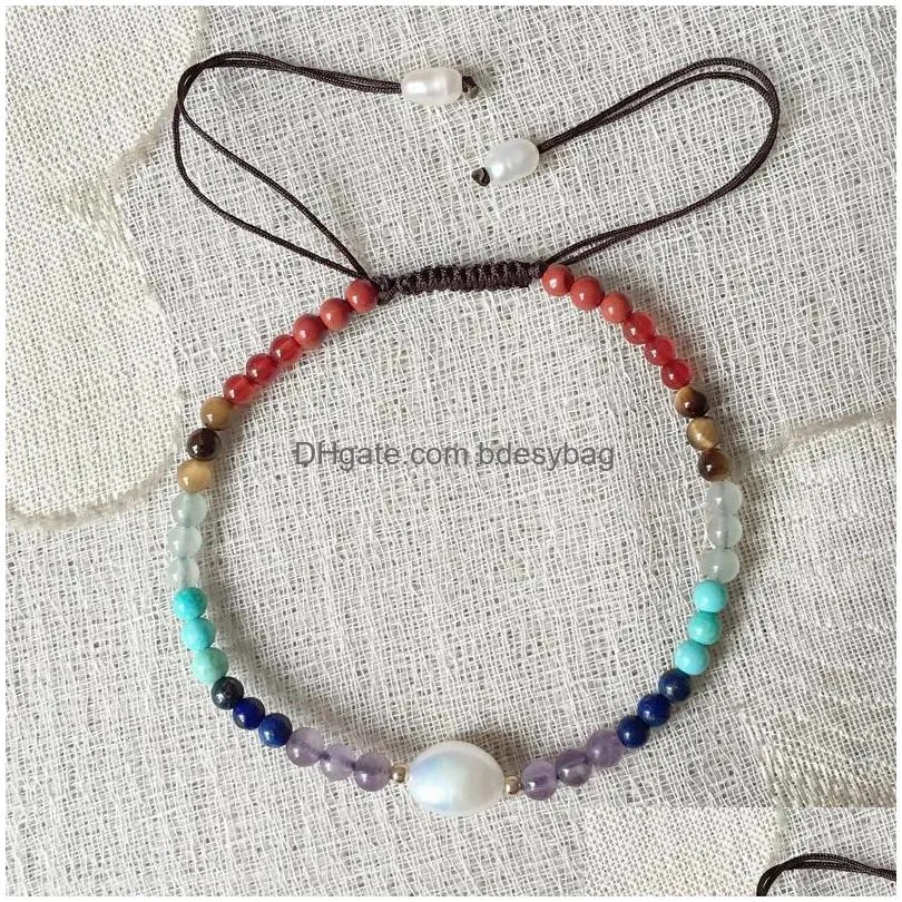 5pcs freshwater white pearl beaded strand bracelet with chakra gemstones jewelry adjustable bracelets charms womens gift love wish