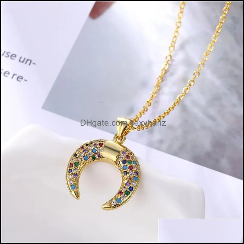 fashion designer rainbow cz moon pendants necklaces for woman colorful zircon crescent necklace trendy chain necklace jewelry