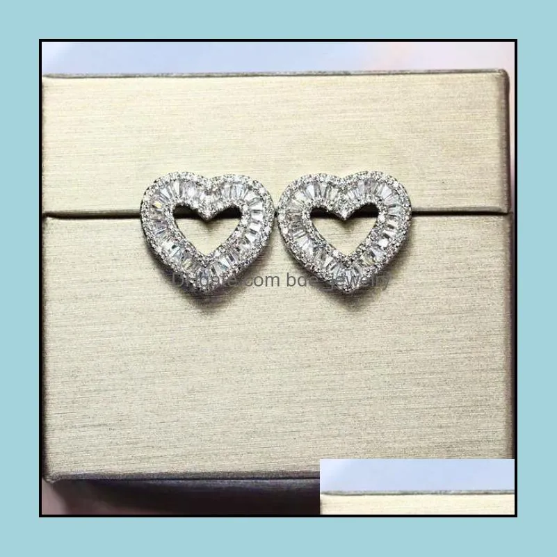 stunning sweet cute luxury jewelry real 925 sterling silver full princess cut white topaz cz diamond party women heart stud earr