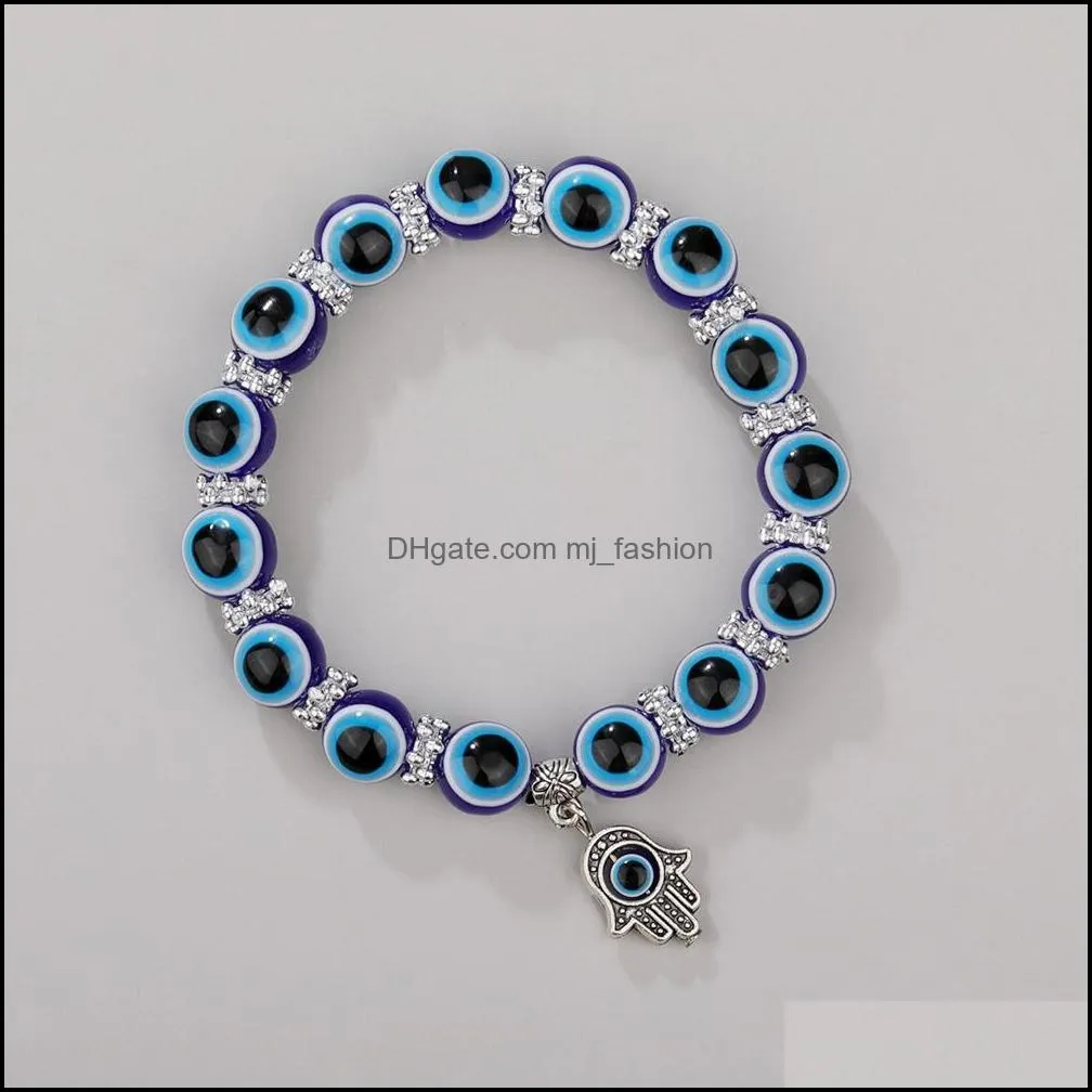 turkey evil blue eyes beaded bracelets chain hamsa hand charm elastic bracelet bangles wholesale jewelry