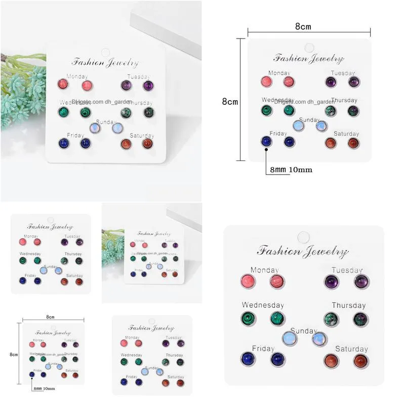 7pair week set simple round beads stud earrings colorful natural stone ear studs simple female earring for women girls jewelry