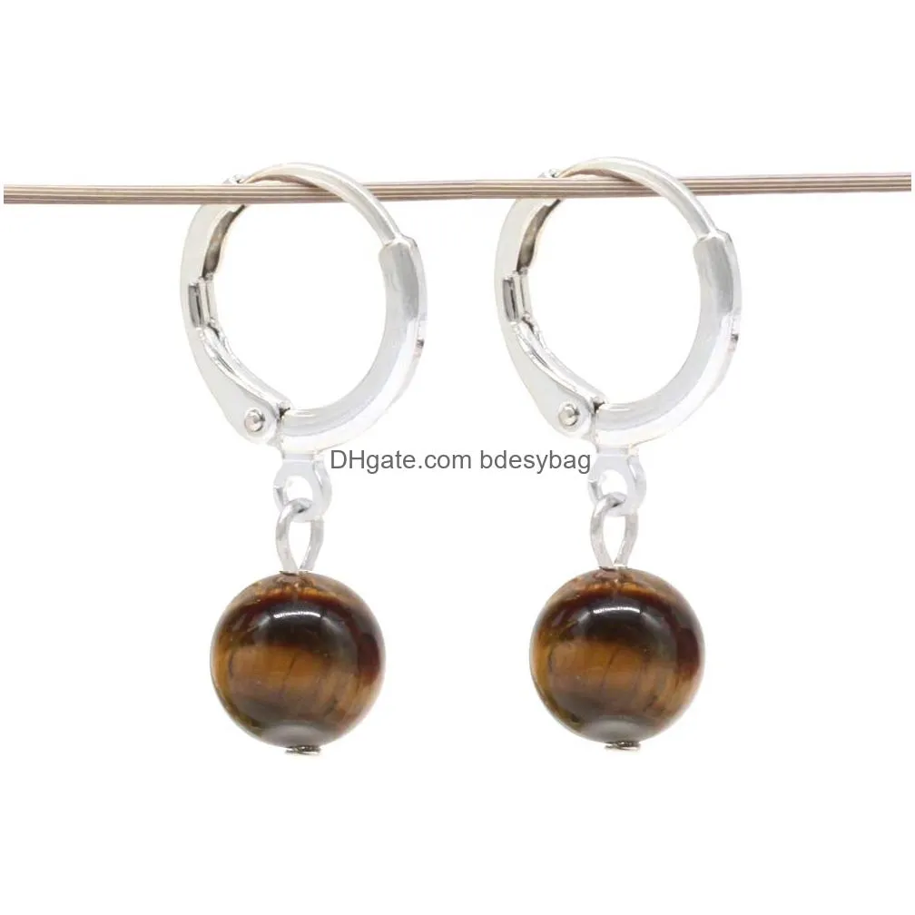 10mm gemstone hoop earrings natural stone bead drop earrings healing crystal round stone earring fashion jewelry for women