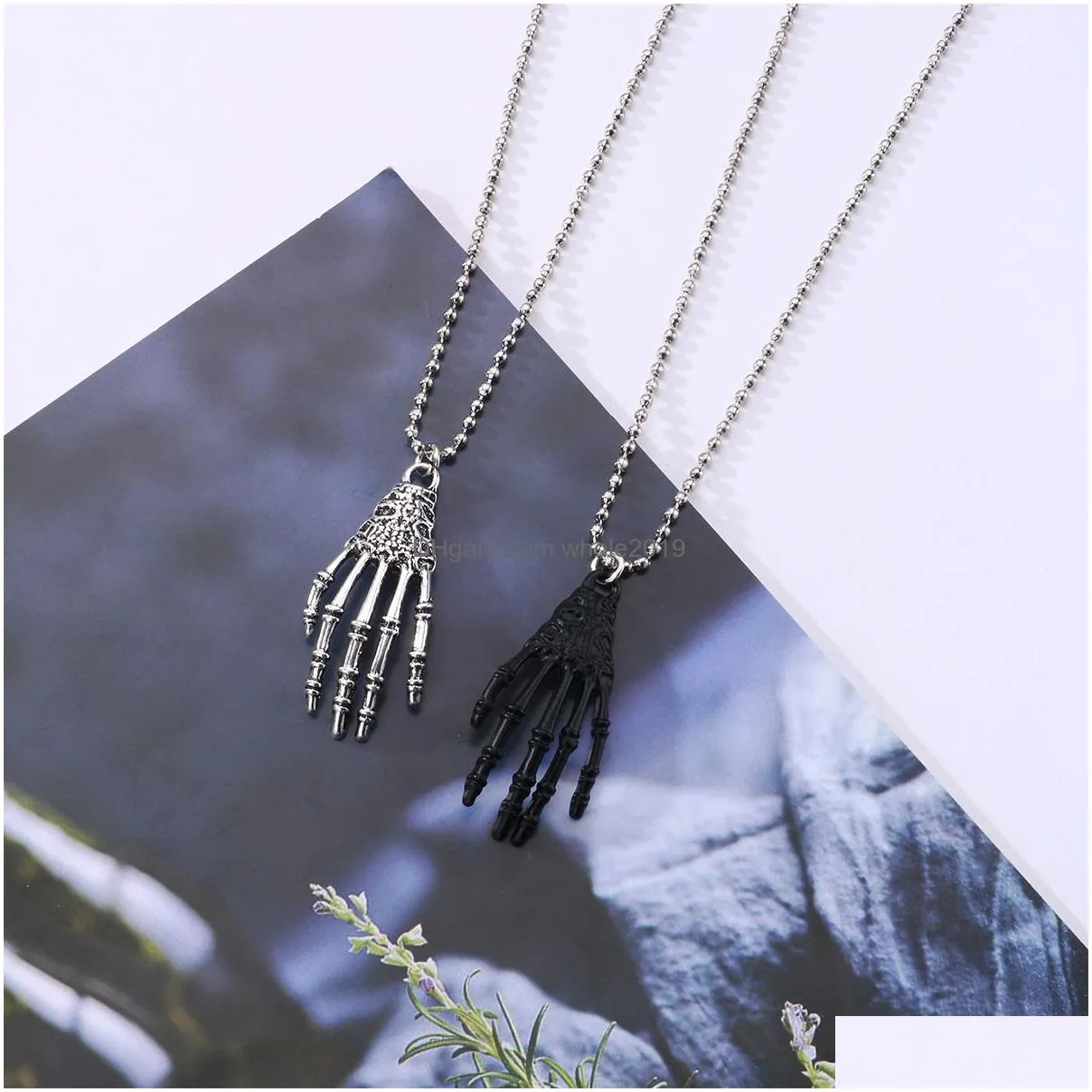 halloween silver black skeleton hand pendant necklace for men women choker necklaces 2pcs/set