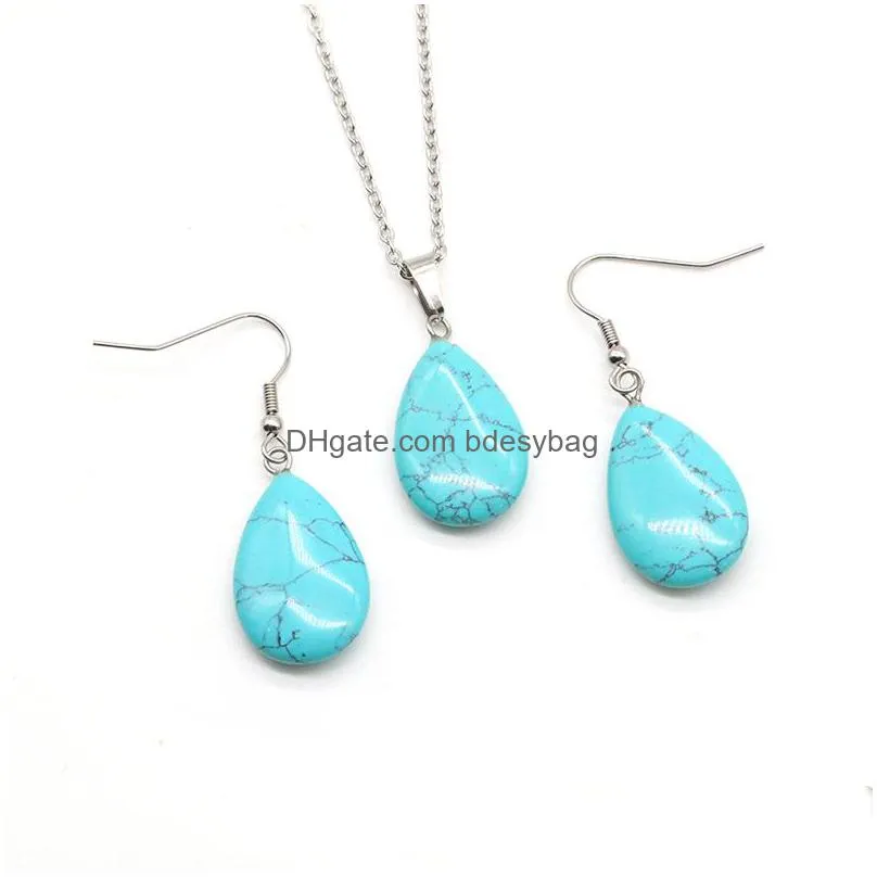 teardrop gemstone pendant necklace and earrings healing crystal natural stone jewelry set for women