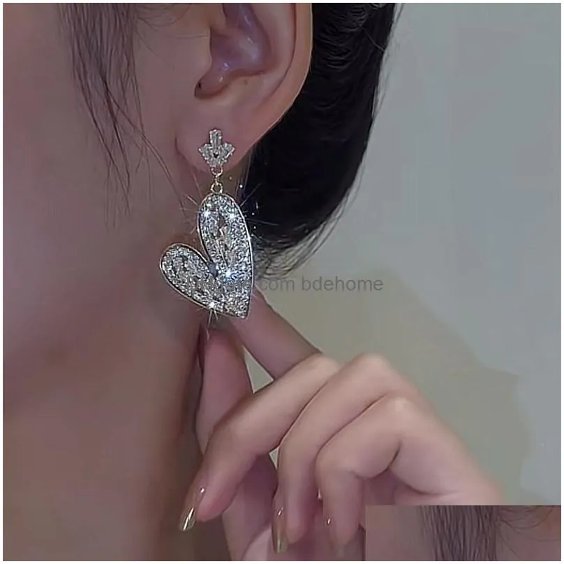 fashion jewelry s925 silver post earrings for women light luxury diamond crystal love heart dangle stud earrings